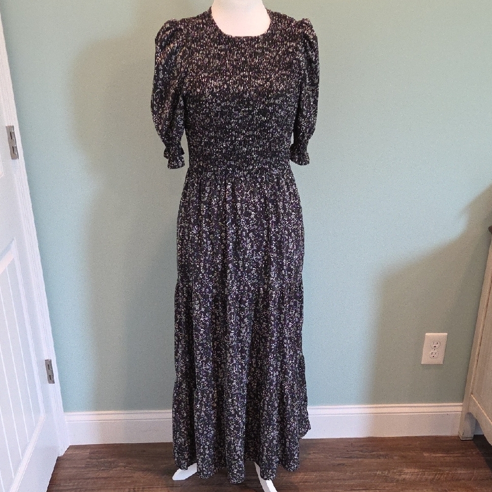BTFBM Black Floral Maxi Dress Vintage Style Puff Sleeves Women's Large